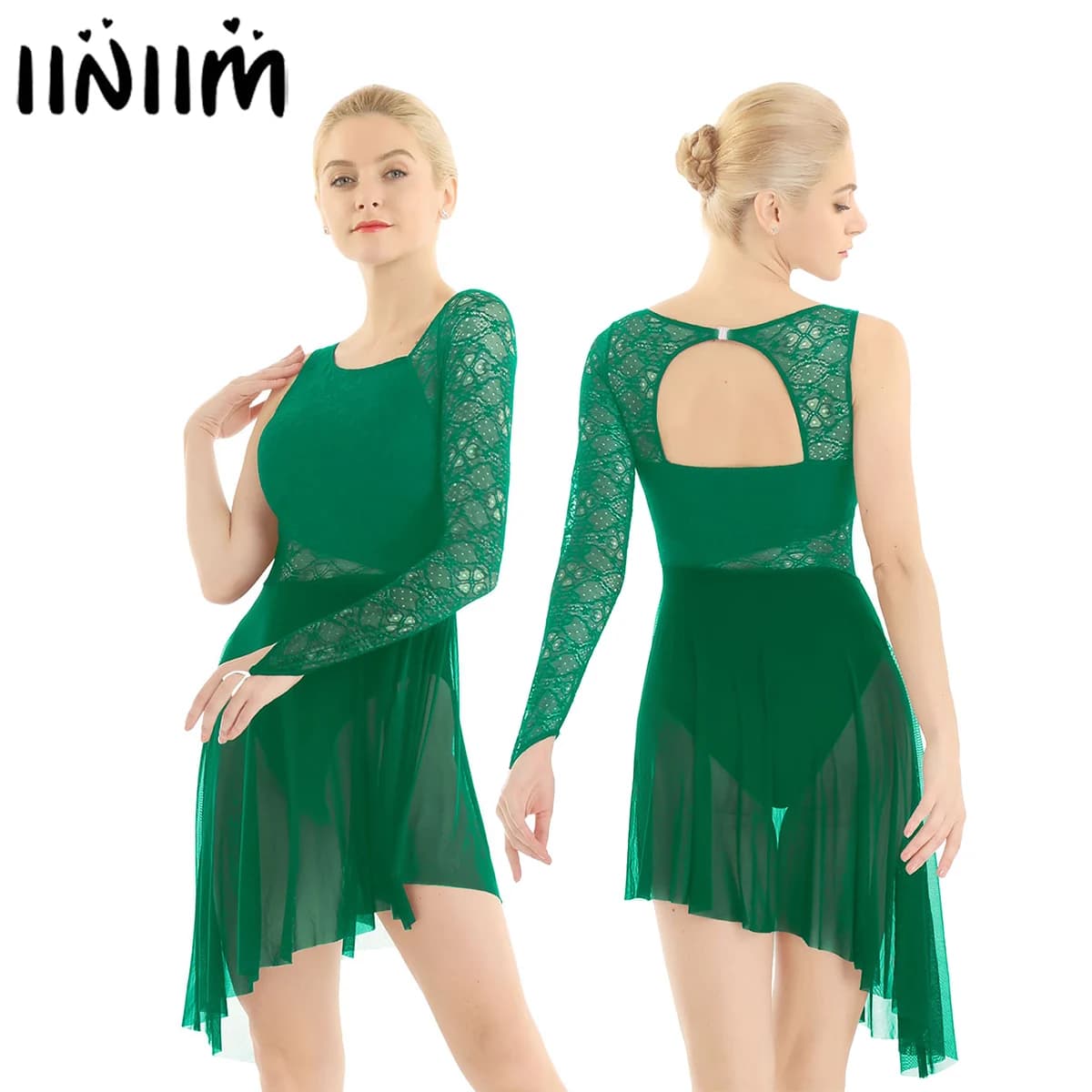 Women Ballet Leotard Dress Single with Fingertip Lace Bodice Lyrical Modern Dance Wear Femme Adult Asymmetric Gymnastics Costume