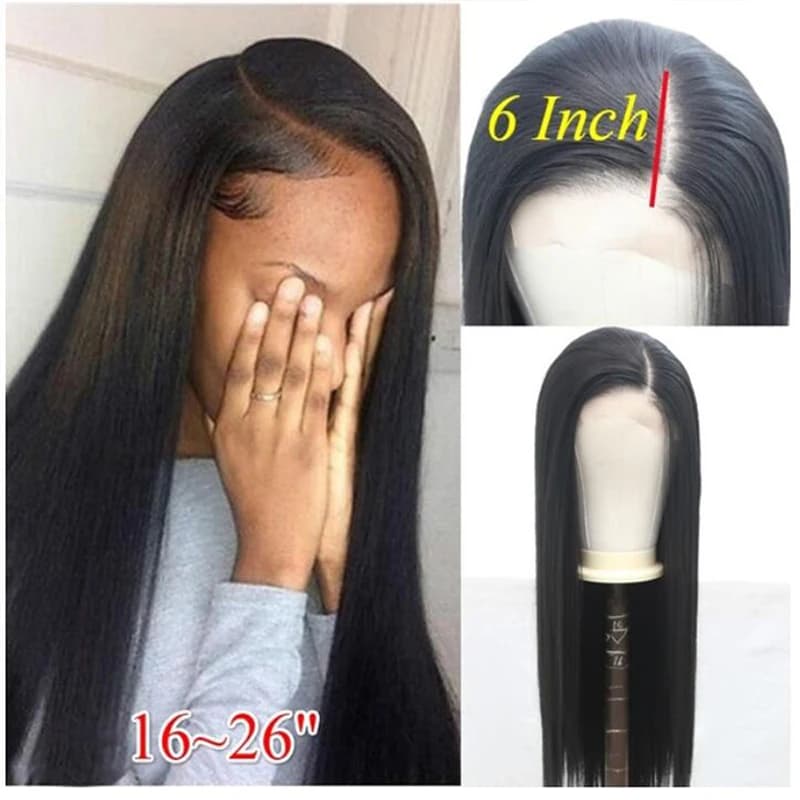 WEBSTERWIGS 13x6 Deep Part Black Long High Temperature Heat Fiber Hair Silky Straight Synthetic Lace Front WIgs With Side Part