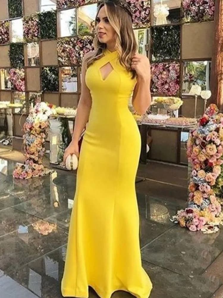 Yellow Evening Dresses For Women Halter Elastic Silk like Satin Prom Dress New Style Prom Evening Dresses