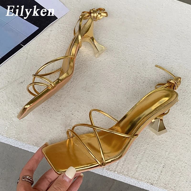 Eilyken Fashion Gold Silver Sandals Thin Low Heel Lace Up Rome Summer Gladiator Women Casual Narrow Band Shoes