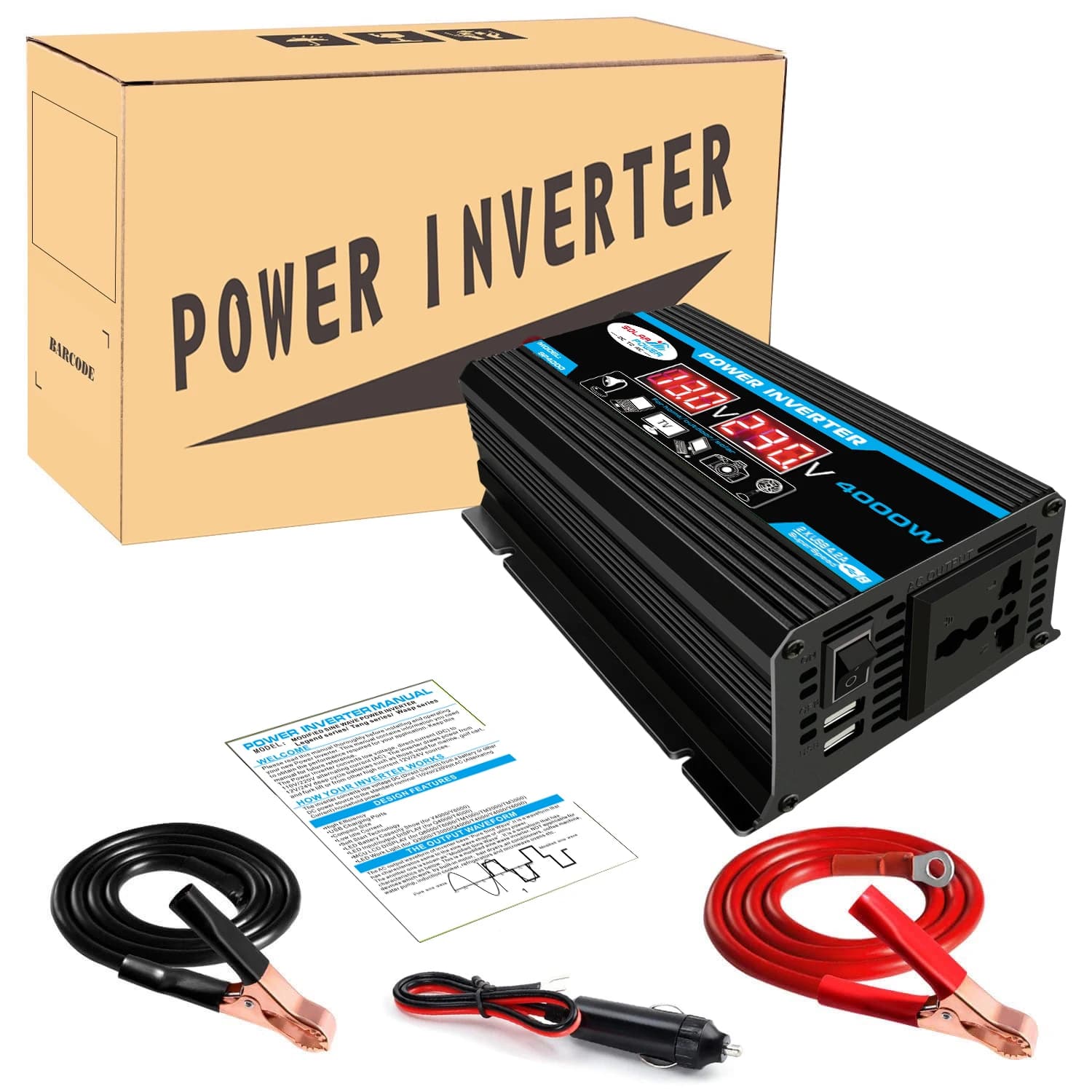 Power 300 Watt Modified Sine Power Inverter with Battery Cables, 4000 Watt Surge Peak Power AC Outlets Support 2 USB Ports