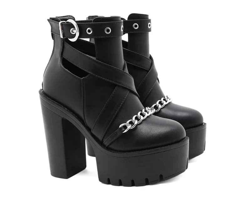Plus Size 42 Fashion Chain Women Shoes Zipper Square High Heel Ankle Boots For Women Punk Shoes Platform Spring Autumn