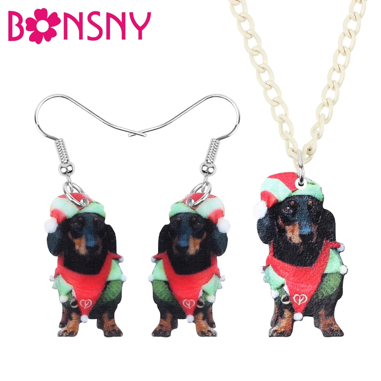 Bonsny Acrylic Christmas Black Dachshund Dog Jewelry Sets Necklace Earrings Animal Jewelry For Women Girls Teens Kids Charm Gift