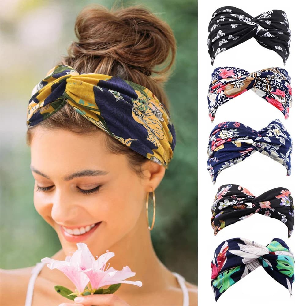 Women's Wide Bohemian Sports Yoga Headbands Fashion Floral Print Summer Elastic Running Nonslip Criss Cross Hair Band