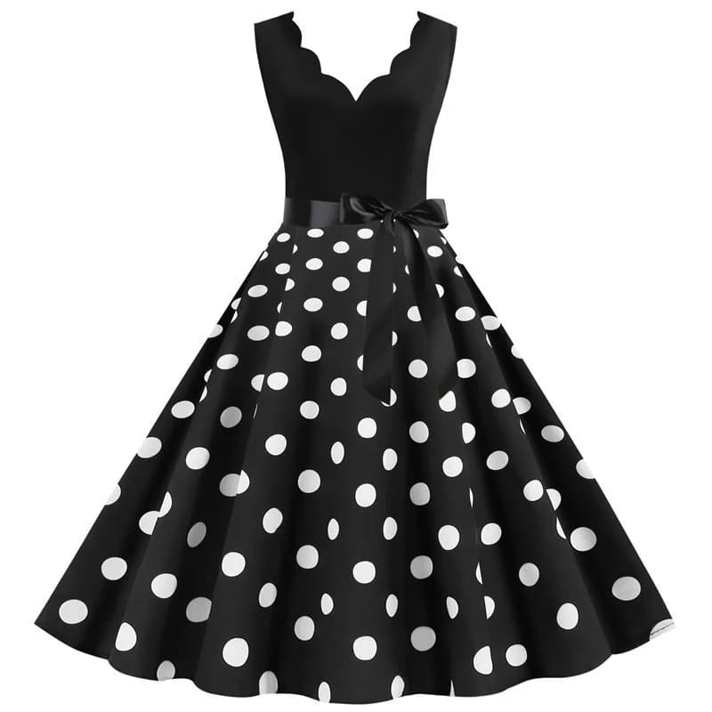 Women Retro Summer Dresses 50s 60s Sleeveless V-neck Polka Dot Bow Ball Grown Party Sundress Robe Vestidos