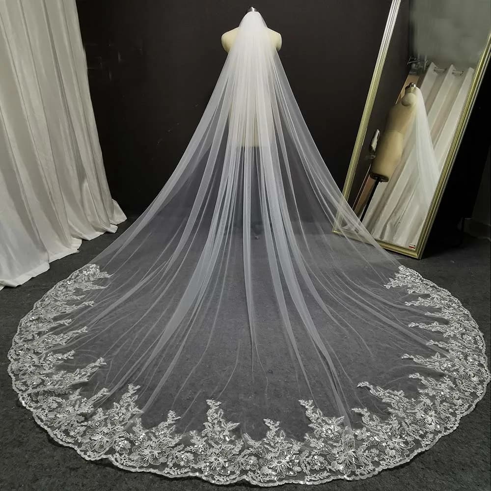 Customized Glitter Sequins Lace Long Wedding Veil 3 Meters White Ivory Bridal Veil Wedding Headpieces Bride Veil