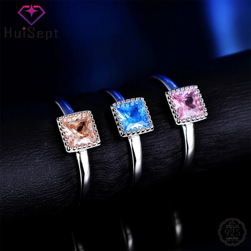 HuiSept Trendy Rings 925 Silver Jewelry Square Zircon Gemstone Finger Ring for Women Wedding Engagement Bridal Party Accessories