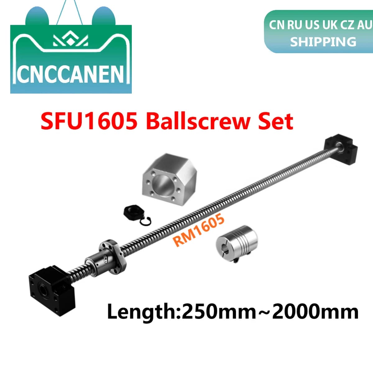 SFU1605 Rolled ball screw C7 End Machined Length 250mm~2000mm + Nut Housing BK/BF12 End support + Coupler RM1605 Ballscrew Set