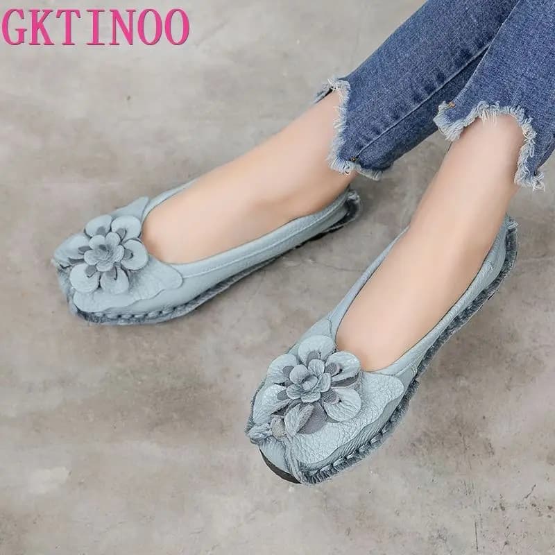 GKTINOO 2024 Soft Genuine Leather Flat Shoes Women Flats with Flowers Ladies Shoes Women Designers Loafers Slip On