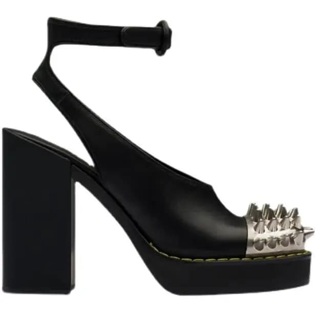 Hot Punk British Style Woman Black White Pink Genuine Leather Metal Rivets Slingback Pumps Female Square Toe Chunky Heels Shoes