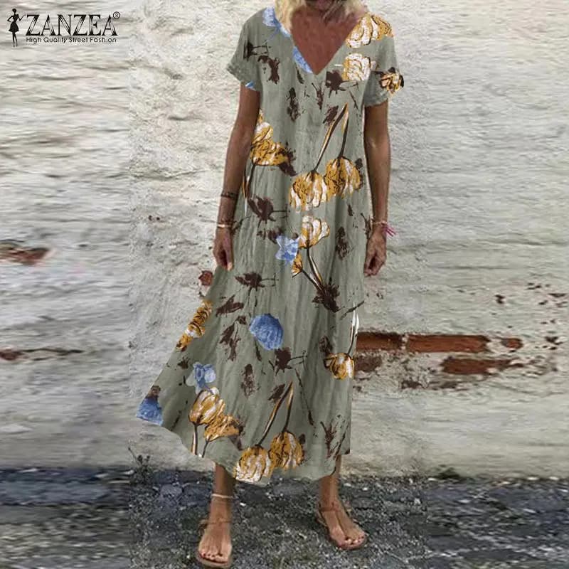 ZANZEA 2023 Summer Floral Printed Maxi Dress Women Vintage V Neck Short Sleeve Sundress Oversized Bohemian Beach Vestidos Femme