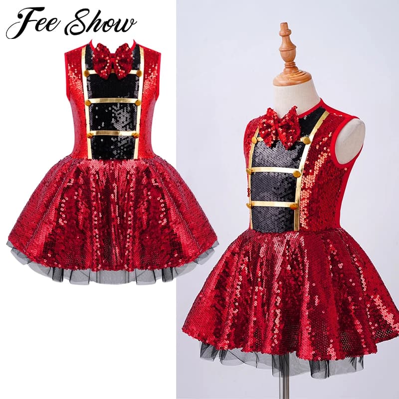 Child Sleeveless Shiny Sequins Bowtie Tutu Dress Kids Halloween Cosplay Party Carnival Performance Outfit Girls Circus Costume