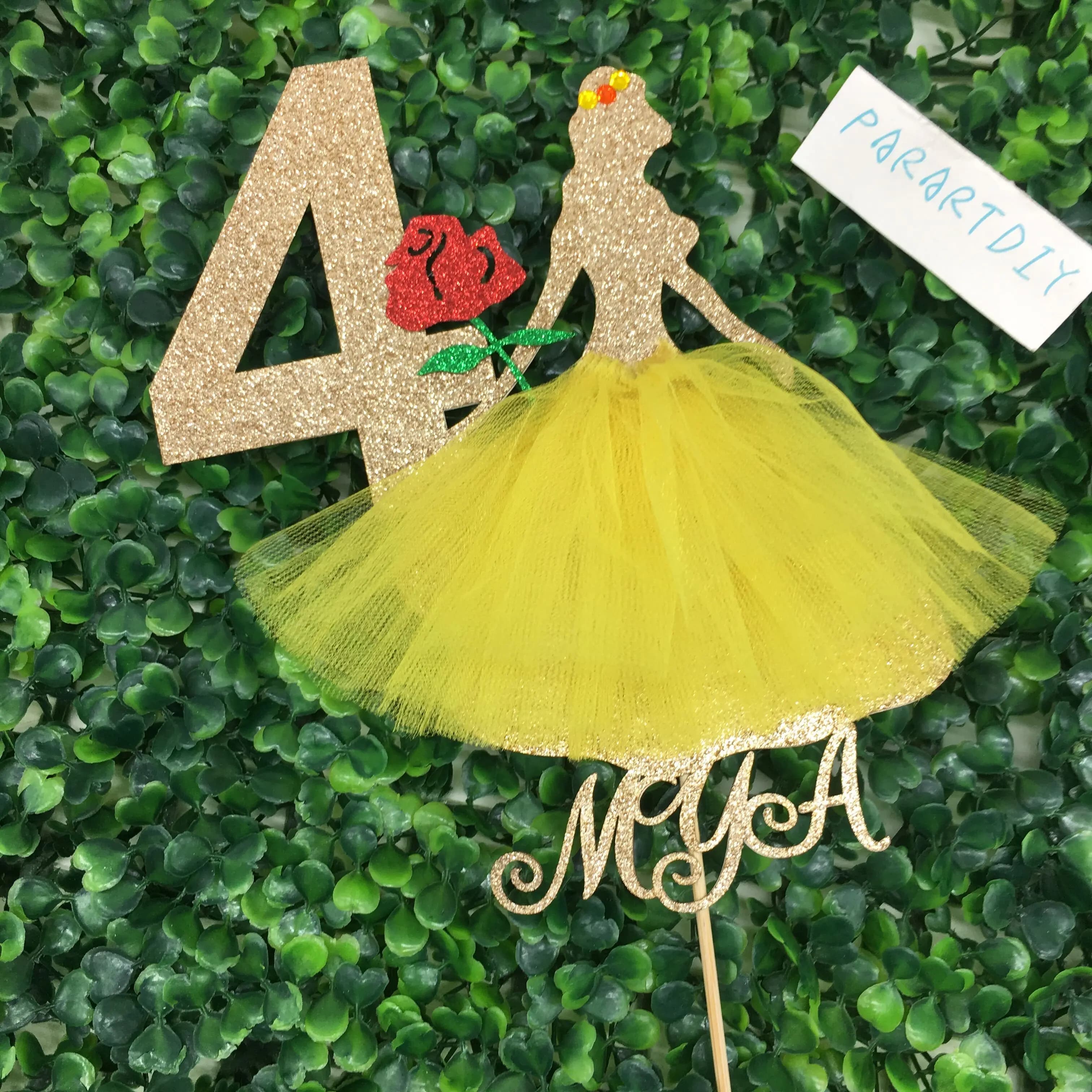 personalize name age glitter gold Beauty Princess birthday cake topper, Princess birthday Belle Cake topper