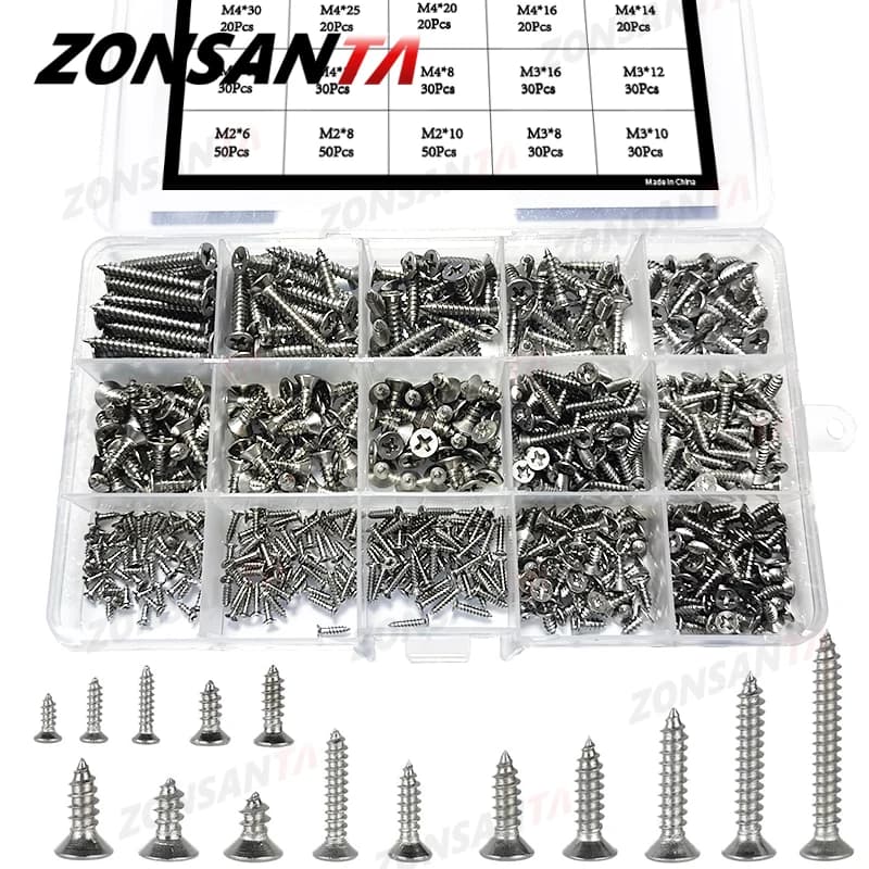 ZONSANTA M2 M3 M4 Self Tapping Screw Cross Countersunk Head Wood Screw Set 304 stainless steel Phillips Flat Head Screws DIY