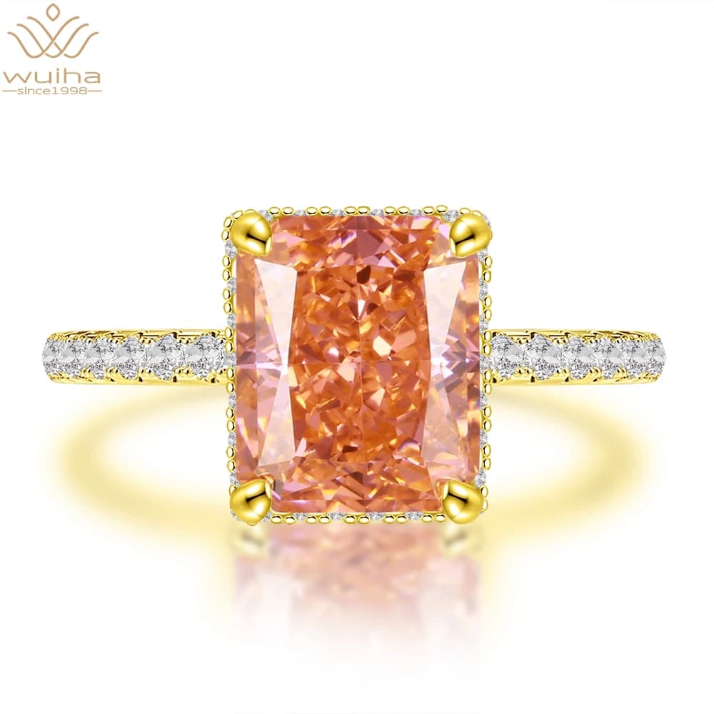 WUIHA Solid 925 Sterling Silver Radiant Cut 8*10mm Morganite Orange Gem Created Moissanite Wedding Yellow Gold Ring Fine Jewelry