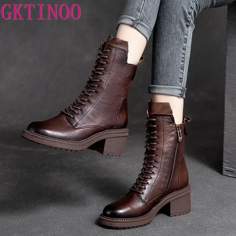GKTINOO 2025 Cow Leather Quality Women Shoes Autumn Winter Square Med Heel Ankle Boots Lace Up Zipper Ladies Pumps Size 35-40