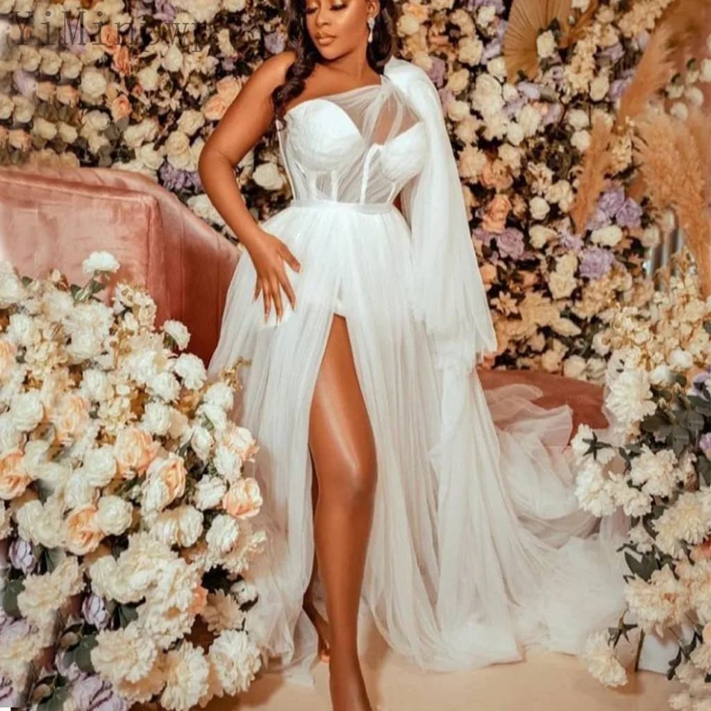 2025 Tulle Bride Robes Bridal Shower Dress African Pre-Wedding Photoshoot Gowns One Shoulder Thigh-High Slits A Line Customized
