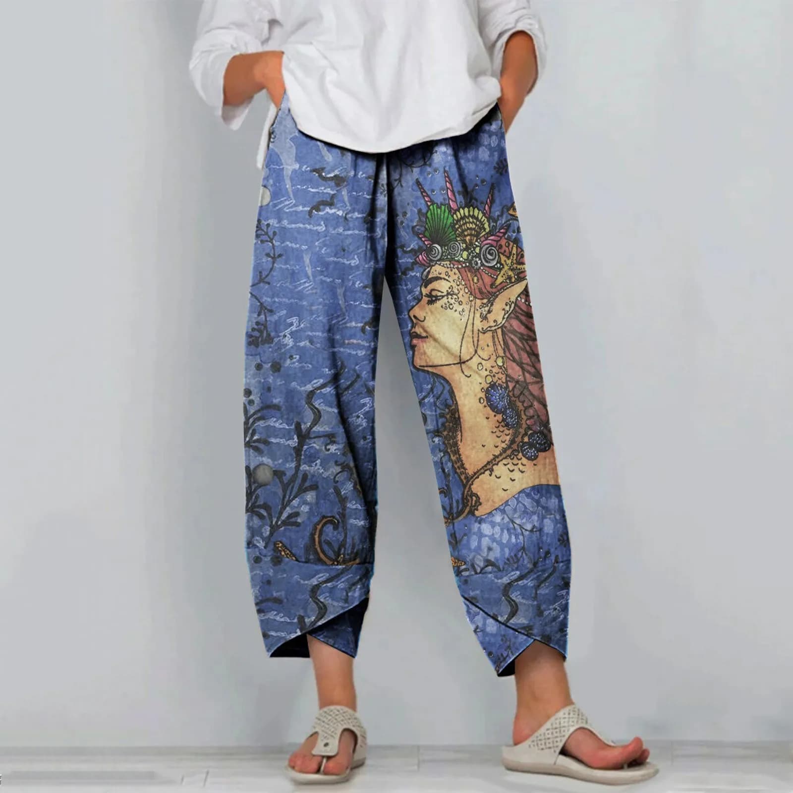 LIBIELIY Women Cotton Linen Pants Lady Casual Flowers Print Elastic Waist Wide Leg Pants Trousers Casual Baggy Loose Long Pants