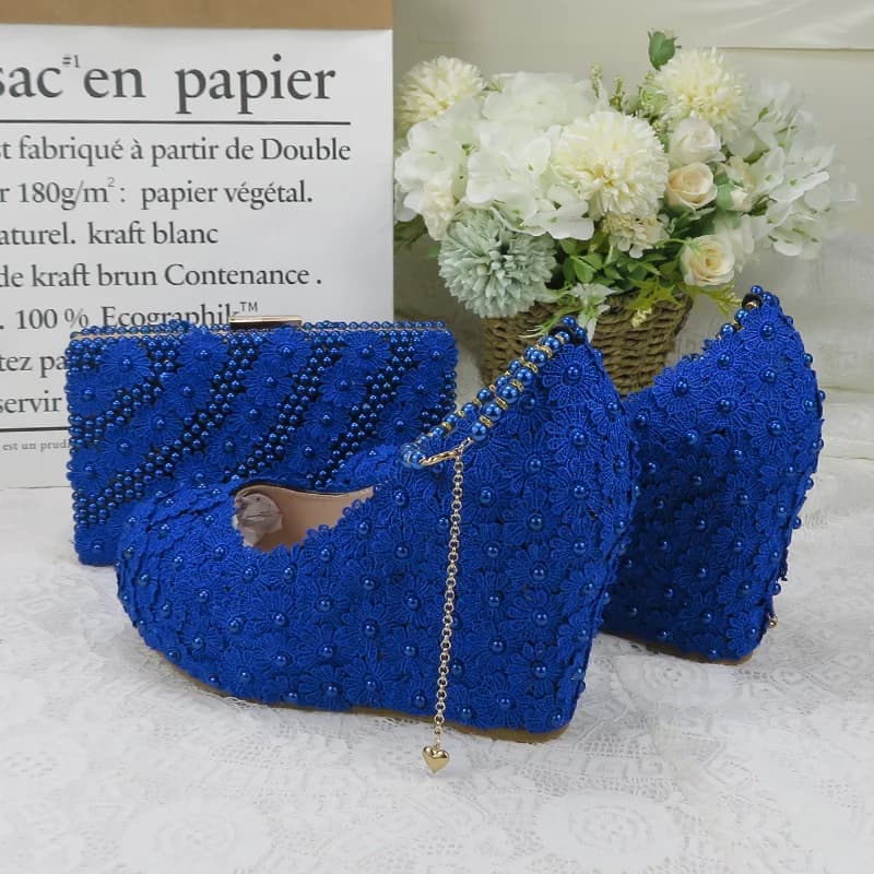 BaoYaFang New Wedges Royal Blue Lace-up Flower Wedding shoes and bags woman shoes Bridesmaid fashion ankle strap Womens Pumps