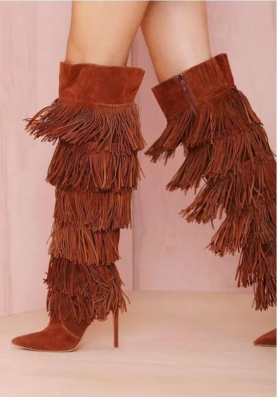 Sexy Brown Tassels Long Boots Woman New Pointed Toe Fringe Knee Boots Fashion Female New Banquet Shoes Dropship