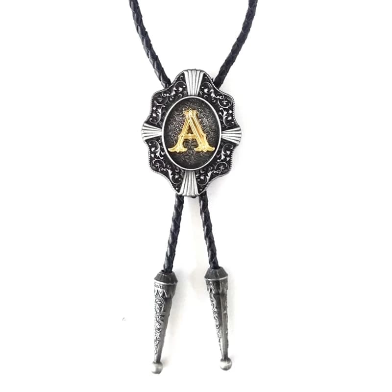Golden Initial Letter A to Z Antique Silver Western Cowboy Rodeo Bolo Tie Adjustable Novelty Neckties for Men Accessories Gifts
