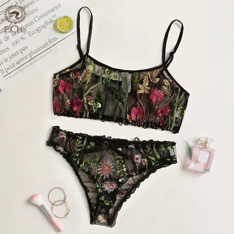 Leechee Fashion Embroidered Underwear Set Women See-Through Bra And Panty Set Flower Mesh Sexy Lingerie Comfortable Lingerie Set