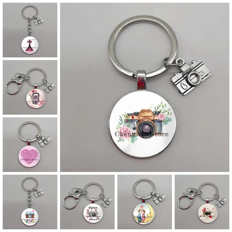 Love Moon Hot Air Balloon Round Glass Camera Flower Picture Cabochon Dome Keychain Camera Car Bag Keychain Accessories