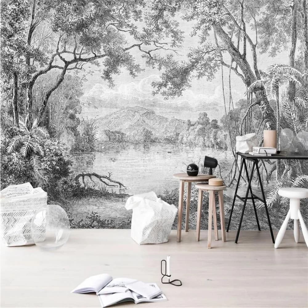 Milofi custom photo wallpaper black and white European mural forest retro hand-painted jungle line painting