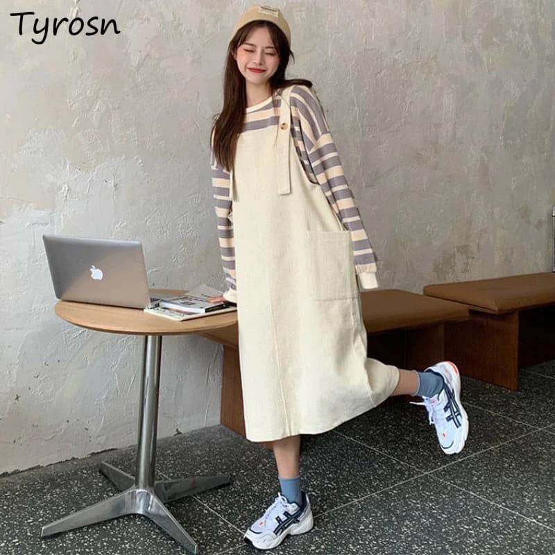 Corduroy Sleeveless Dress Women Sweet Gentle Apricot Suspenders Vestidos Retro Pockets Button Straight Midi Dresses Students Ins