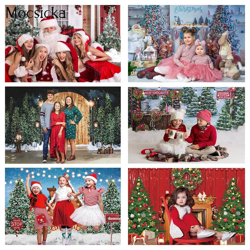 Winter Christmas Fireplace Portrait Photography Backdrop Snow Window Cake Smash Background Christmas Trees Merry Xmas Photocall