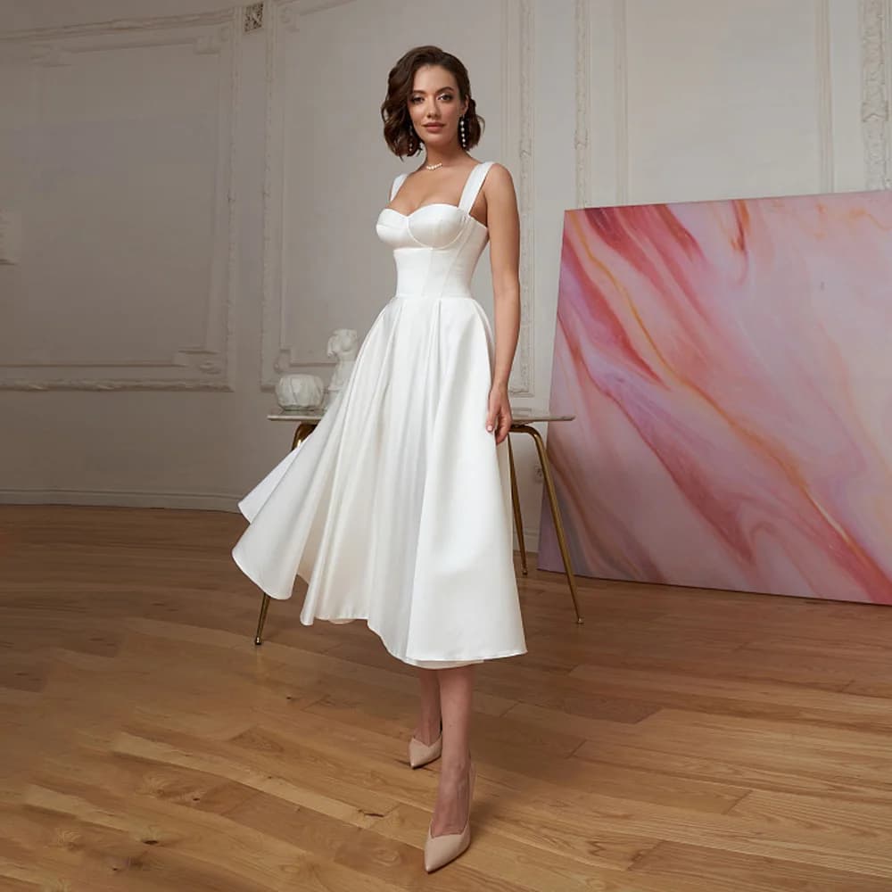 Short Wedding Dress Customized Civil  Dresses Sexy Sweetheart Simple Bridal Gowns Mid-Calf Satin Bride Dresses Backless