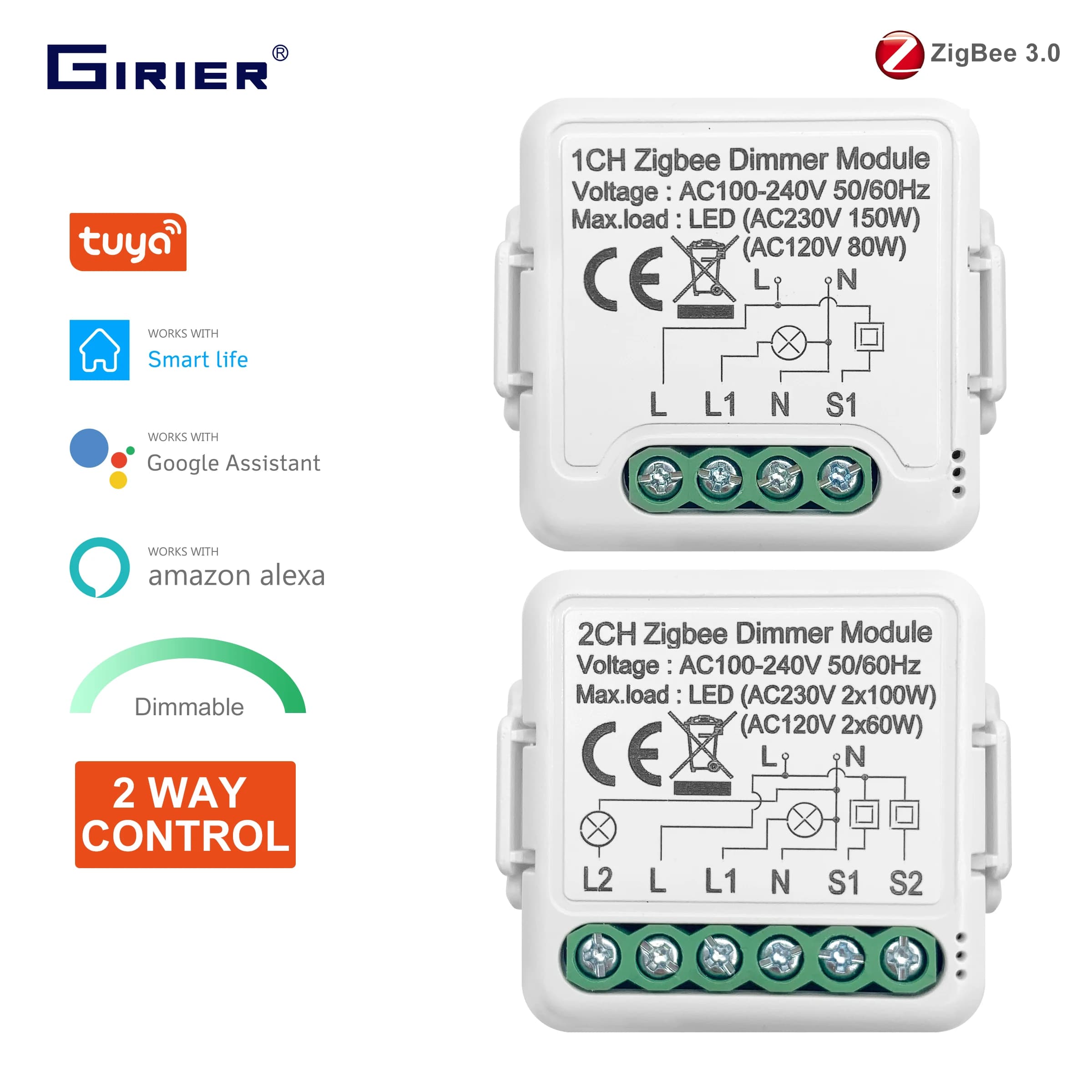 GIRIER Tuya ZigBee 3.0 Smart Dimmer Switch Module 10A, Supports 2 Way Control Dimmable Switch, Work with Alexa Alice Google Home