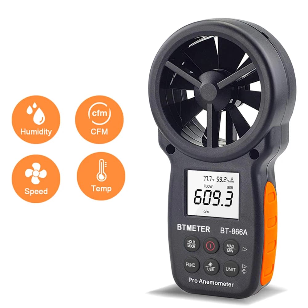 BT-866A Digital Anemometer Handheld CFM Meter with USB Connect Air Flow Meter Measure Wind Temperature/Speed Wind chill CFM