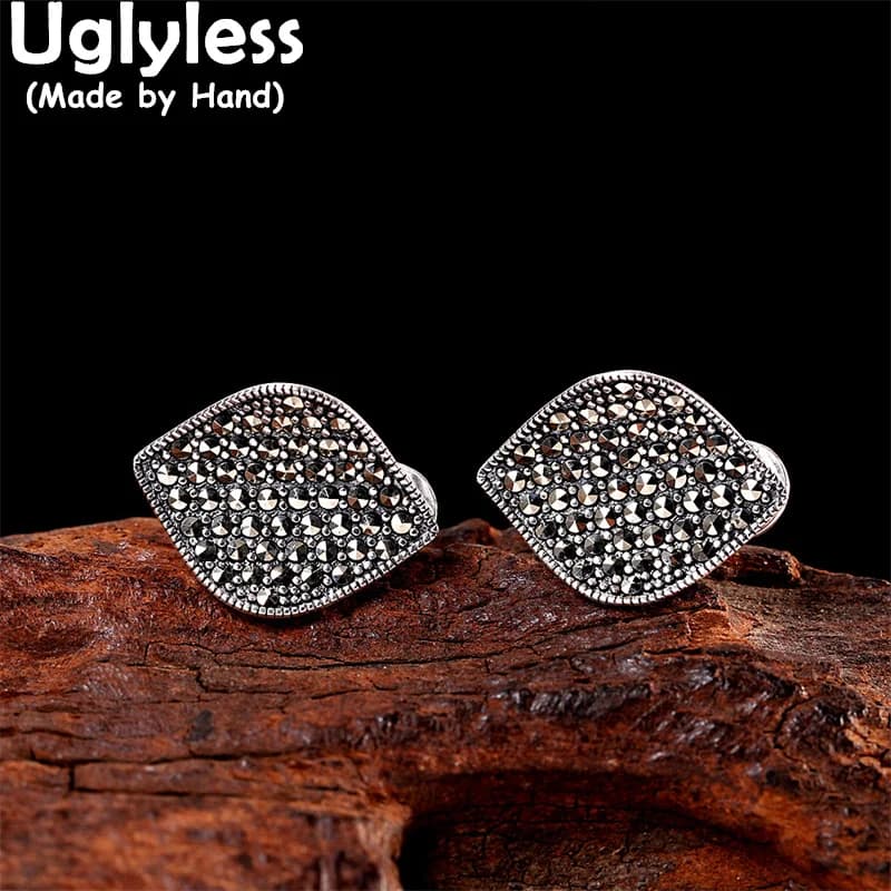Uglyless Mysterious Marcasite Earrings for Women Square Studs Earrings Vintage Thai Silver 925 Silver Brincos Bijoux Rhombus
