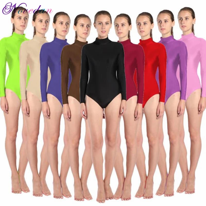 Women Long Sleeve High Neck Ballet Leotard Turtleneck Shiny Metallic Dance Bodysuit Gymnastic Leotard Unitard Adult Dancewear