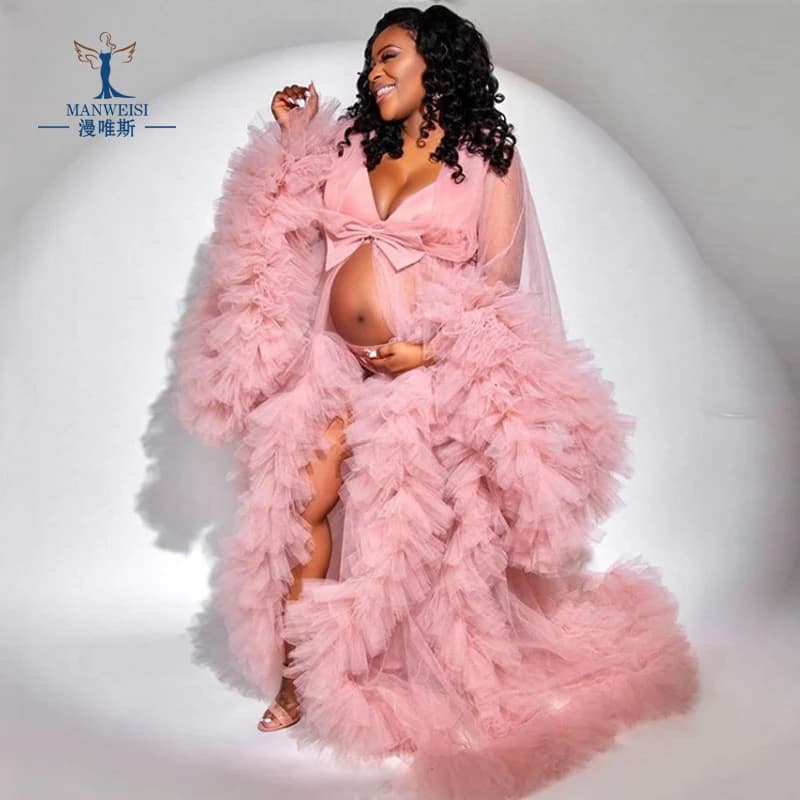 Unique Prom Dresses Custom Made Tulle Maternity Robes Women Photoshoot Evening Gowns Fluffy Tiered Tulle Robe Formal Party Dress