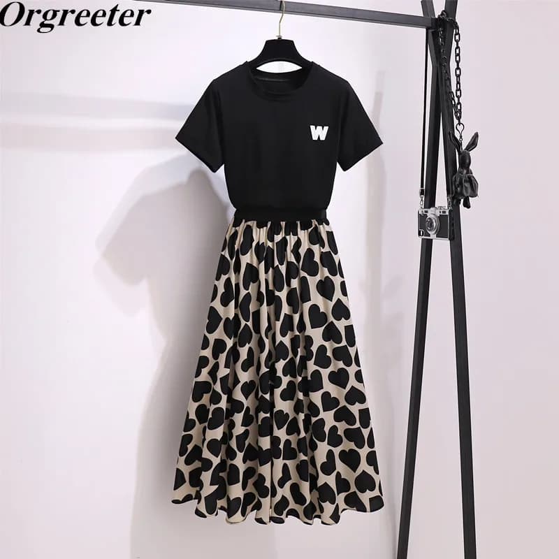 Separately sale Tshirt and Skirt Summer Letter Embroidery Black Tee + Elastic waist Print Big Swing A-line Long Skirts 2PCS sets