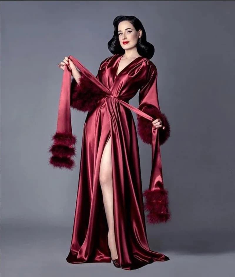 Burgundy Bathrobe for Women Feather Full Length Lingerie Nightgown Pajamas Sleepwear Women's Luxury Gowns Housecoat Nightwear