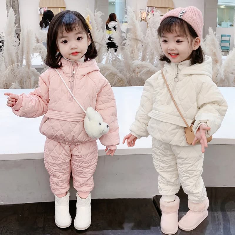 Fashion Baby Girls Winter Clothes Set 1-6Years Old Cotton Padded Hooded Warm Coat Pants 2Piece-Sets Girls Outfits