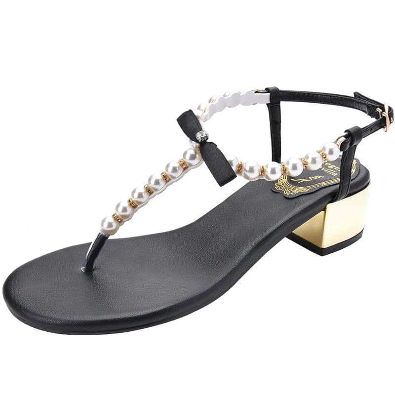 Summer new style home pearl women's shoes thick heel all-match fairy style sandals beach shoes women's shoes