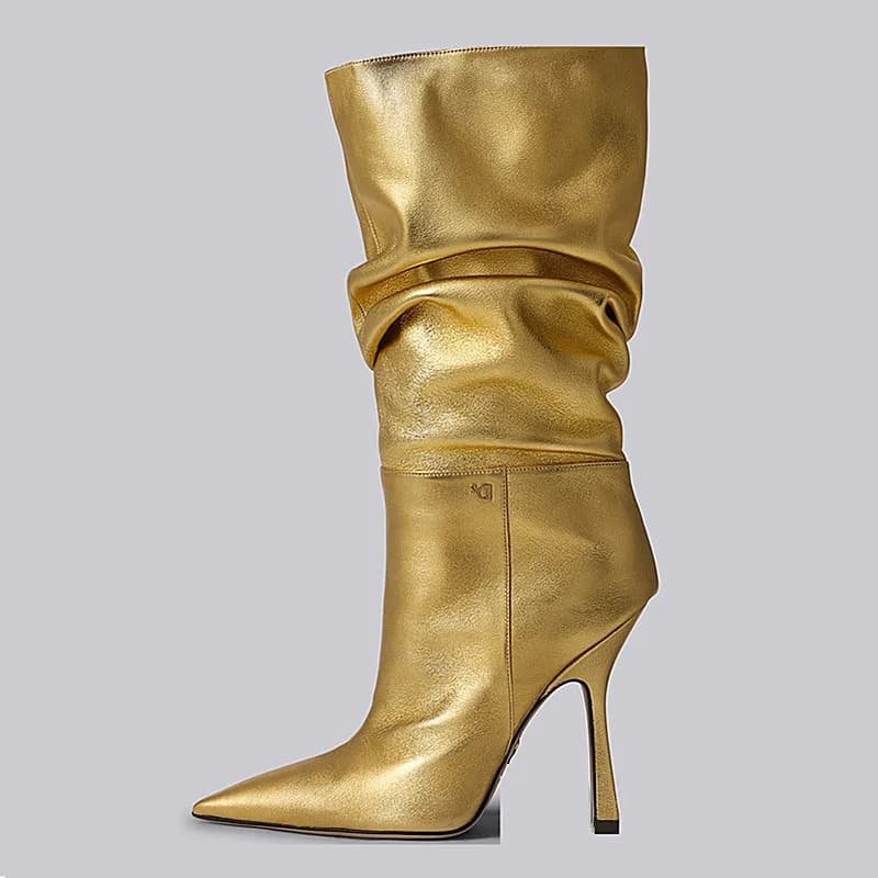 2025 New Leopard Print Mid-tube Boots Profiled High Heel Side Zipper Boots Women's Gold Black Pointed Toe Pleated Boots