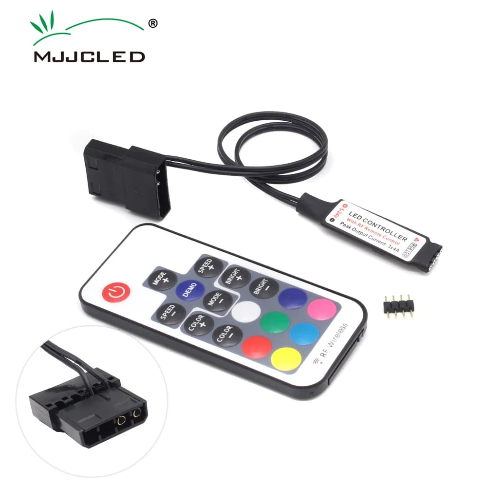 MJJC SATA RGB Led Controller 12V DC 5050 RF17 Keys Remote Wireless Large 4Pin Controler for PC Fan Computer Case Strip Lighting