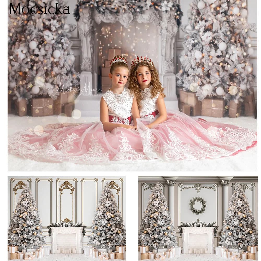 Classic White Christmas Photo Backdrop Xmas Trees Retro Fireplace Background Decorations Living Room Family Portrait Photocall