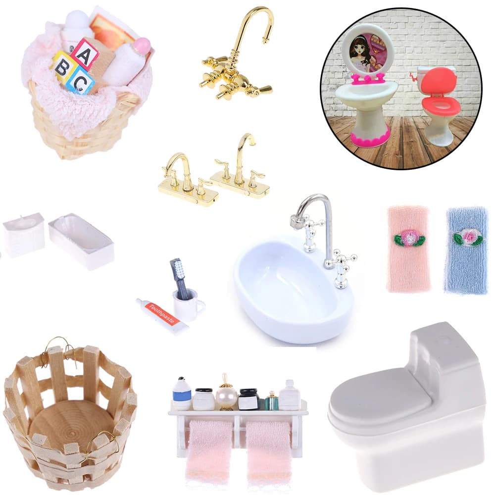 Towel Rack Shower Faucet Tissue Toothbrush Toothpaste Cup Baskets Hair Dryer 1/12 DIY Dollhouse Bathroom Furniture Accessories