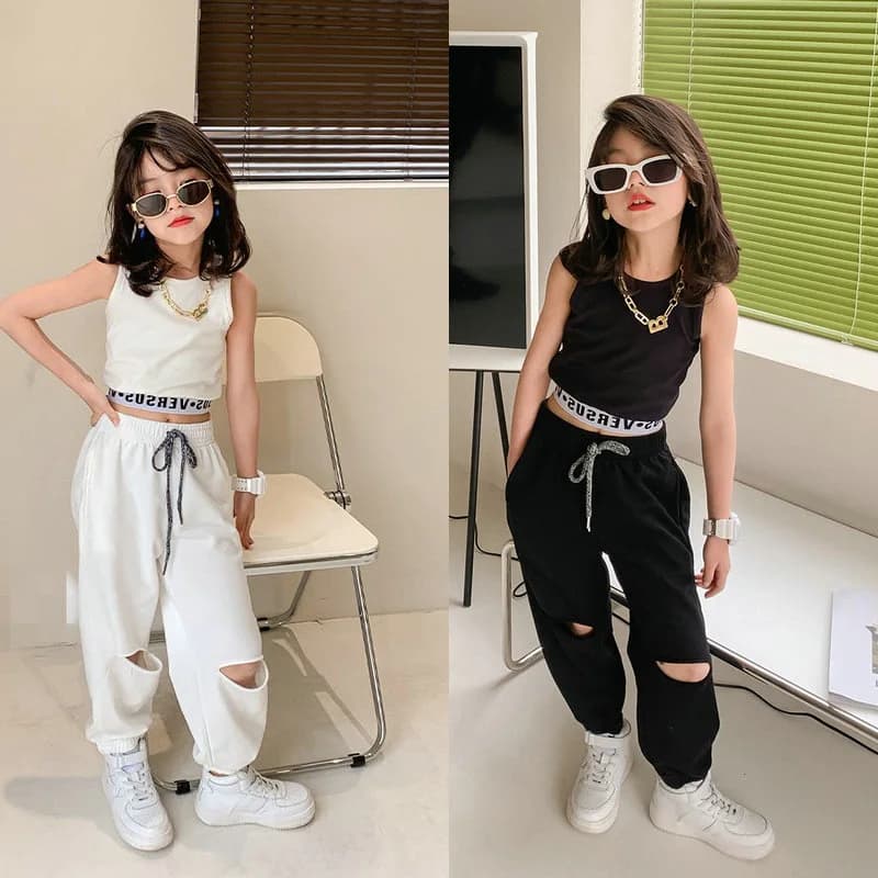 2022 Summer Children'S Clothing Sets Personalized Fashion Short-Sleeved Suit Girls T-Shirt + Hole Long Sweatpants Baby Kids Suit