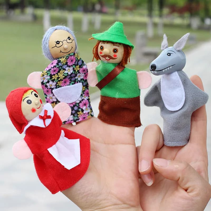 4pcs/Lot Kids Finger Puppets Doll Plush Toys Little Red Riding Hood Wooden Headed Fairy Tale Story Telling Hand Puppets