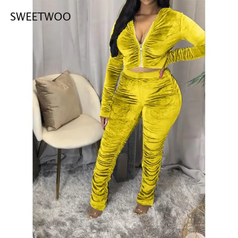Autumn Winter Velvet Tracksuit Two Piece Set for Women Matching Sets Ruched Hoodies Jacket Stacked Pants Joggers Sweat Suits