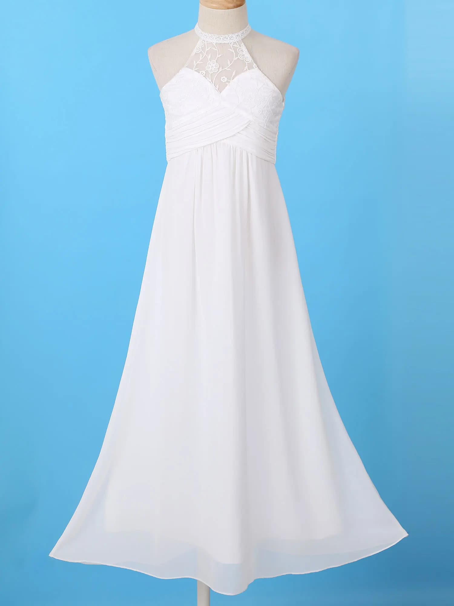 4-14Y Girls Elegant Chiffon White Dress Halter Sleeveless Backless Pleated Hollow Lace Dress Kids Ankle-Length Party Dresses