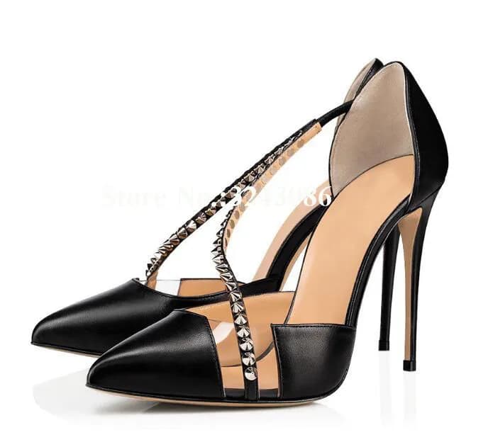 Women Rivets Stiletto Heel Pumps Shoes Fashion Pointed Toe Black White Leather PVC Patchwork Single Shoes Lady Large Size Shoes