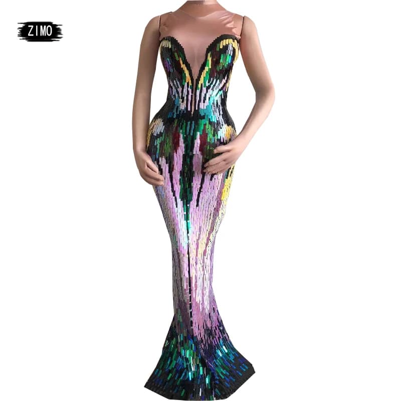Colorful Long Dress sleeveless Women Evening Party Wear designer Stretch Dress Prom Birthday Celebrate Female Singer Stage Dress